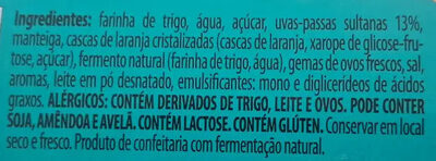 Panettone com uvas-passas e casca de laranja cristalizada ingredients label