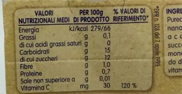 Banana omogeneizzato nutrition facts table