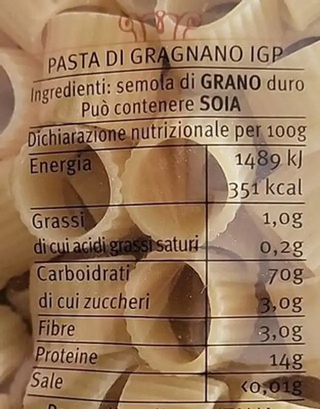 Pasta nutrition facts table
