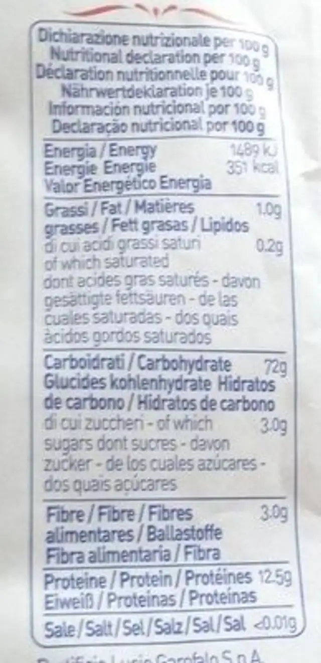 Scialatielli nutrition facts table