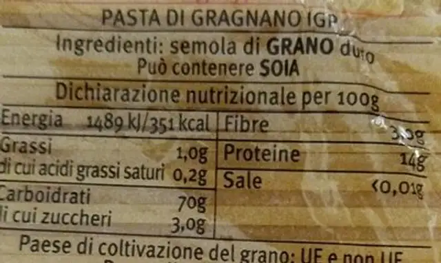 Spaghettone nutrition facts table