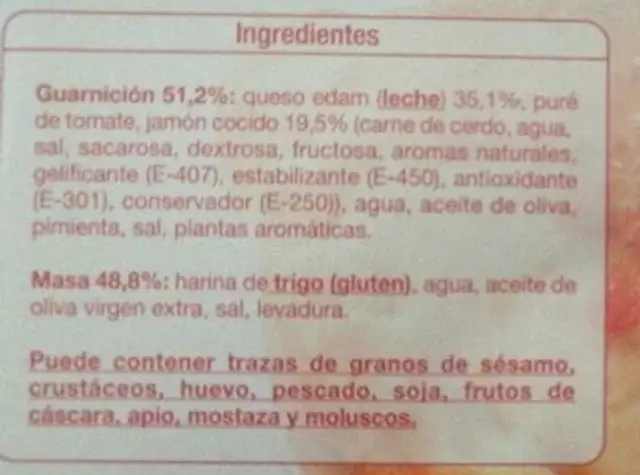 Pizza calzone ingredients label