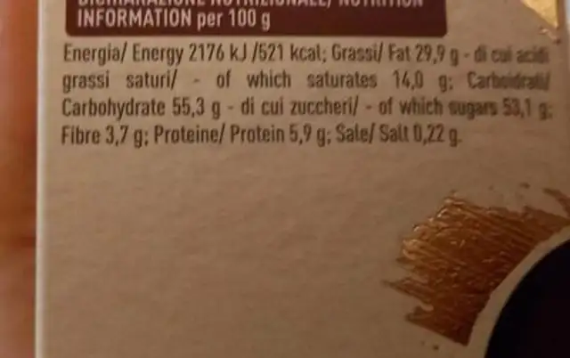 Atelier le golosità nutrition facts table