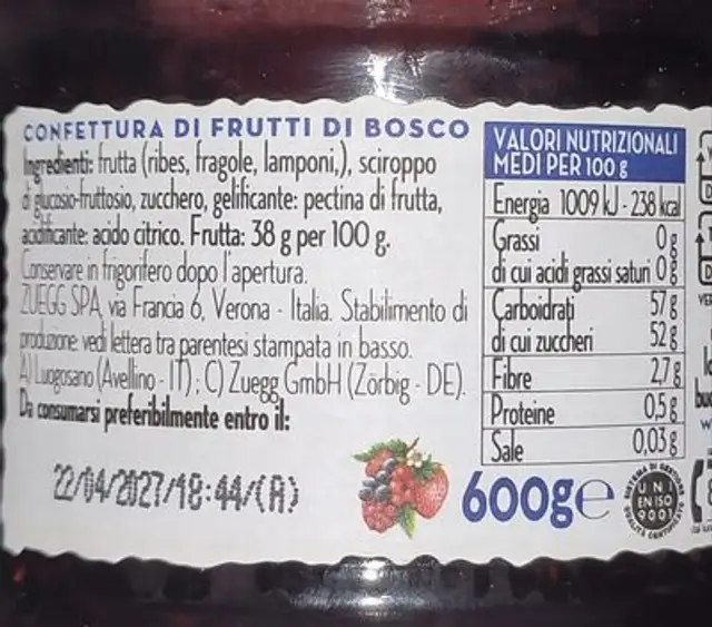 La Pasticcera ingredients label