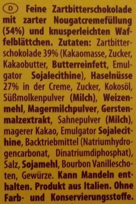 Tortina Dark ingredients label