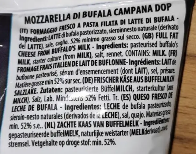 Büffel-Mozzarella (Campana DOP) ingredients label