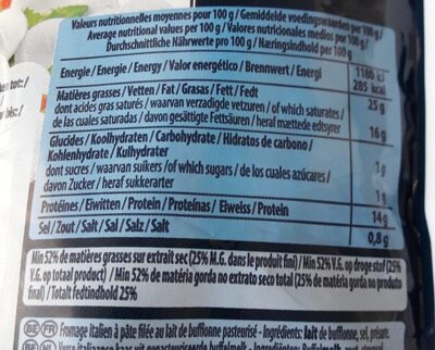 Mozzarella di latte di Bufala Mini nutrition facts table