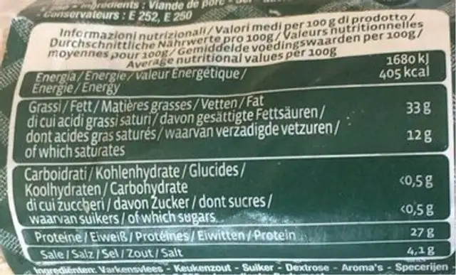 Galbanetto nutrition facts table