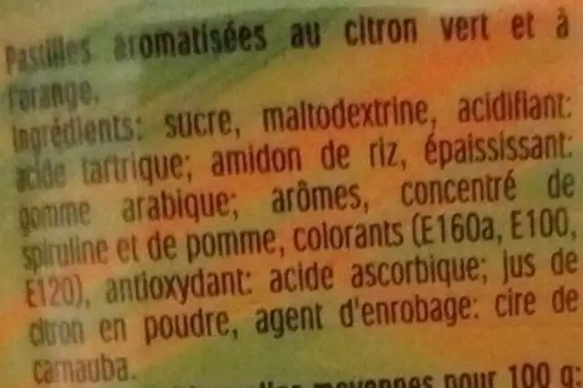 Pastilles goûts citron vert et orange ingredients label