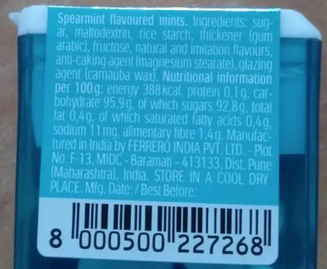 Spearmint ingredients label