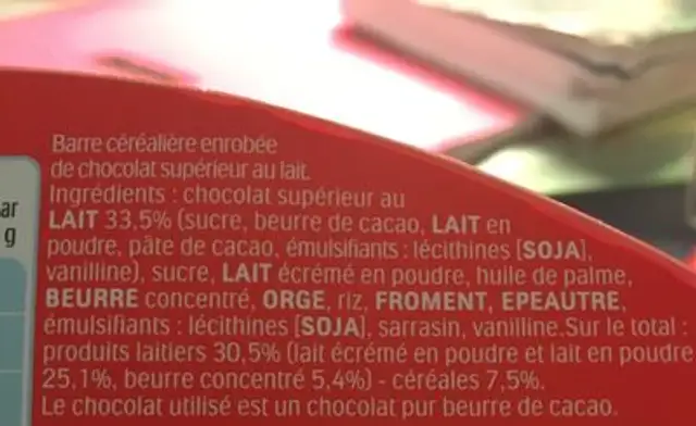 Kinder Cereali ingredients label