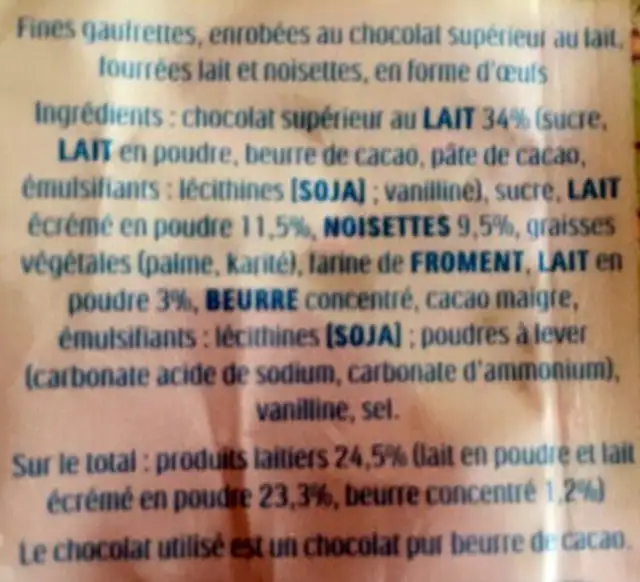 Kinder Eggs Noisettes x12 oeufs fourrés ingredients label