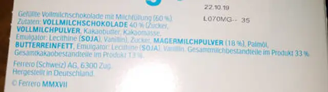 Kinder Riegel ingredients label