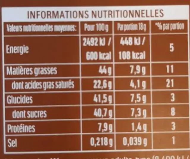 Lait amandes et noisette nutrition facts table