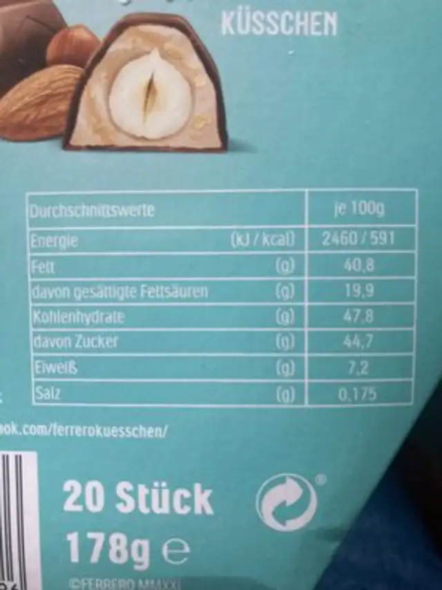 Ferrero Küsschen Mandel nutrition facts table
