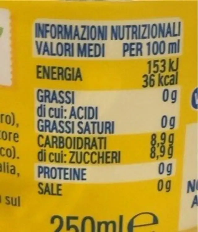 Estathé limone nutrition facts table