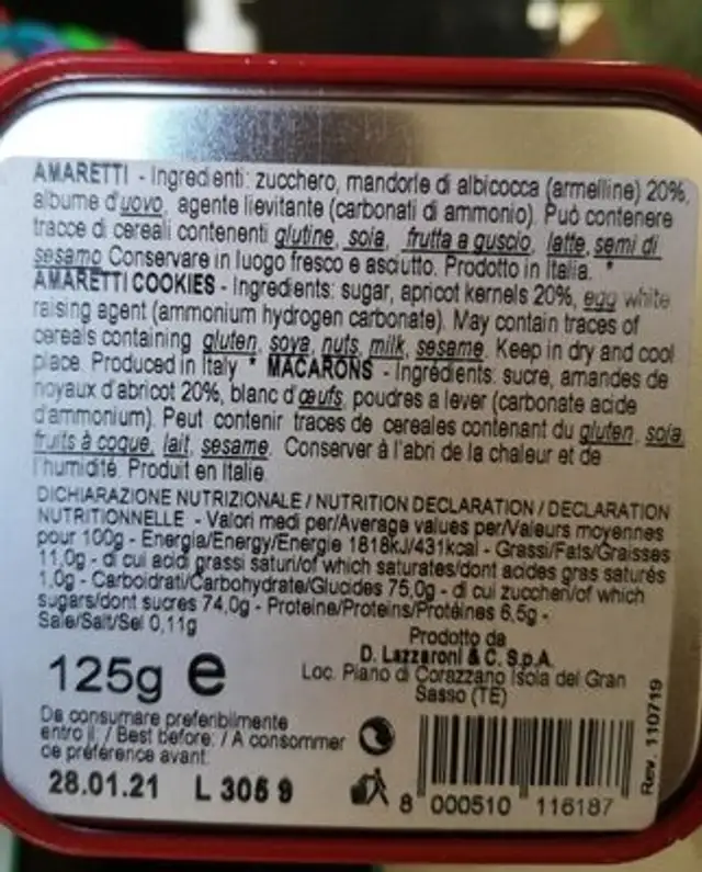 Lazzaroni Amaretti Original, 125 G nutrition facts table