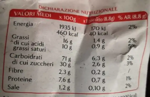 Semplicissimi MIELE nutrition facts table