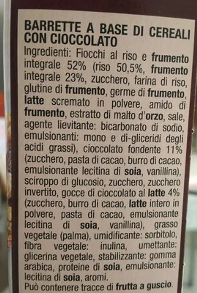Barre multigrano ingredients label
