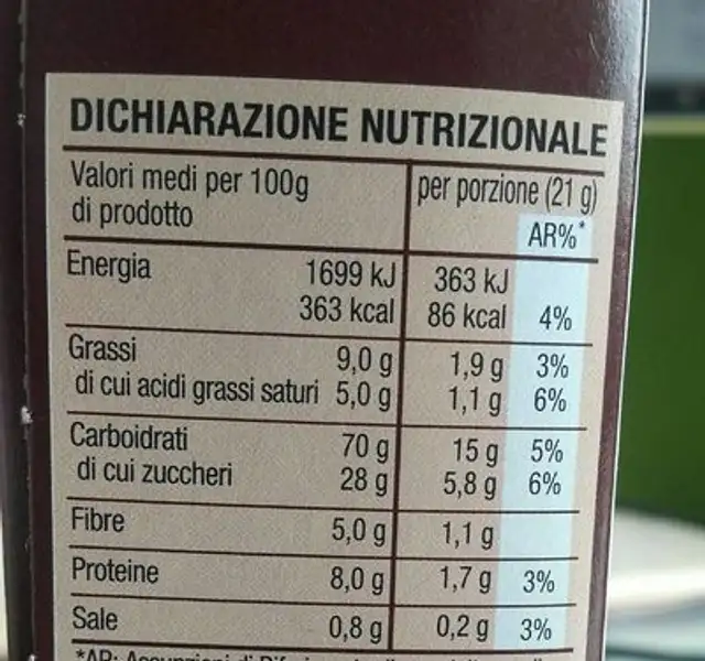 Barre multigrano nutrition facts table