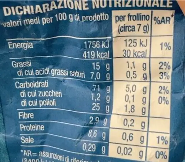 Frollini con gocce di cioccolato senza zuccheri aggiunti nutrition facts table