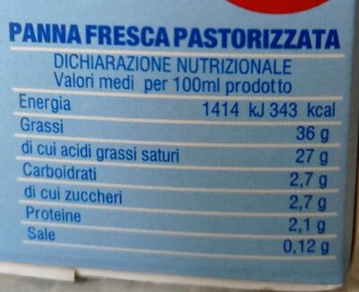 Panna fresca nutrition facts table