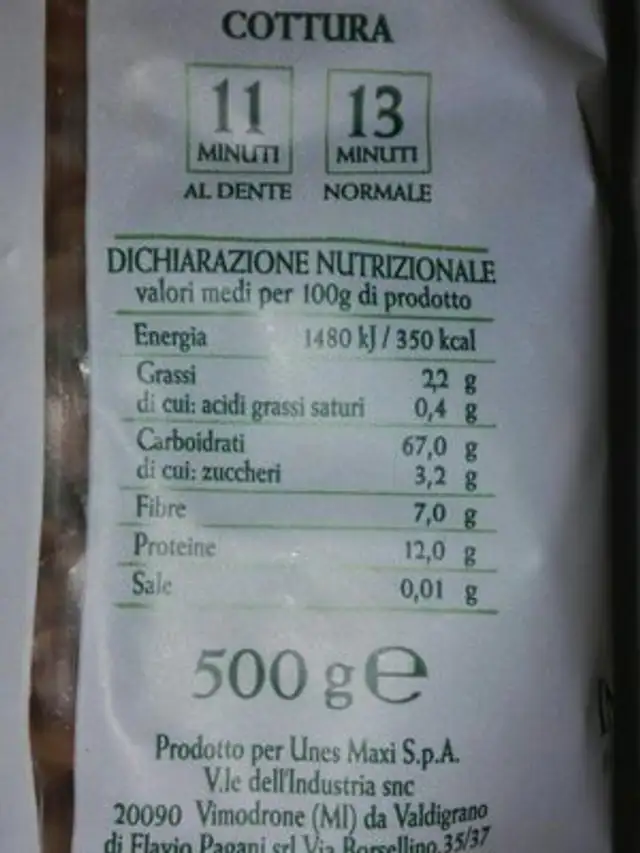Fusili integrali nutrition facts table