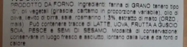Focaccia del marinaio al rosmarino ingredients label