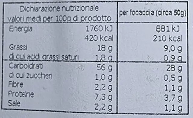 Focaccia del marinaio al rosmarino nutrition facts table
