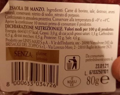 Bresaola alla julienne nutrition facts table