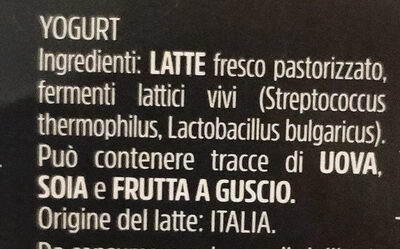 Yogurth Intero Bianco ingredients label