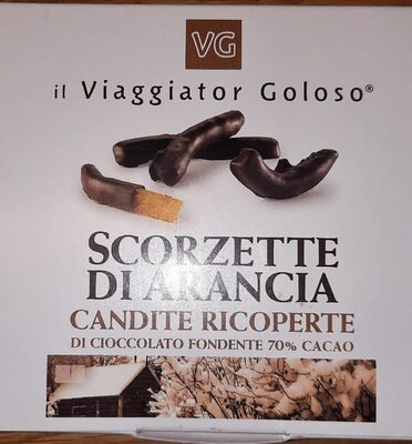 Scorzette di arancia ricoperte di cioccolato front packaging