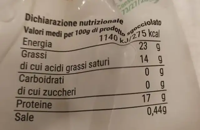 Mozzarella di bufala nutrition facts table