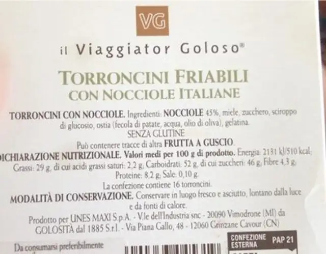 Torroncini friabili nutrition facts table