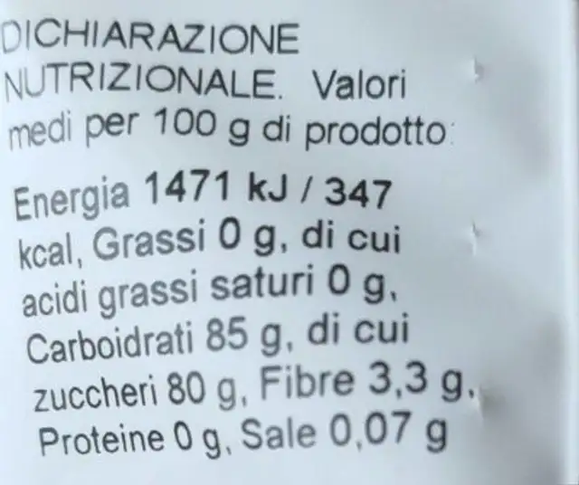 Zenzero essiccato candito nutrition facts table