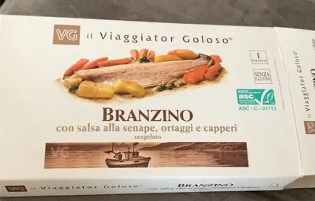Branzino con salsa senape ortaggi e capoeri front packaging