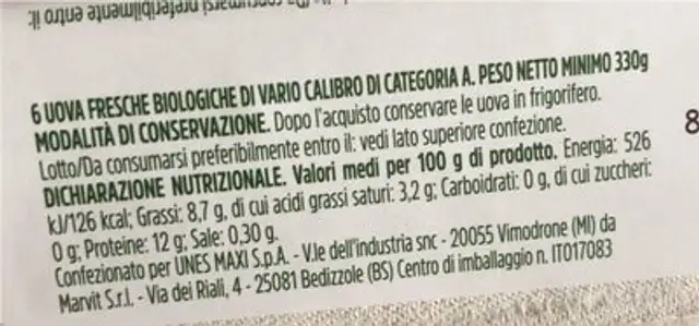 6 Uova Fresche il Biologico nutrition facts table