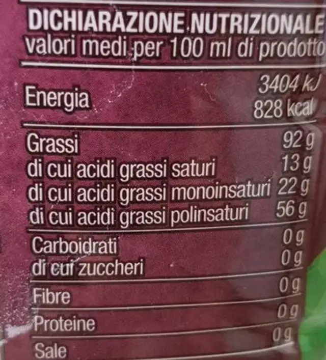 Olio di semi vari nutrition facts table