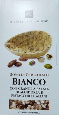 Uovo di cioccolato bianco con mandorle e pistacchi front packaging