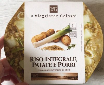 Riso integrale, patate e porri front packaging