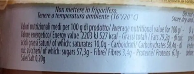 Crema alle nocciole nutrition facts table