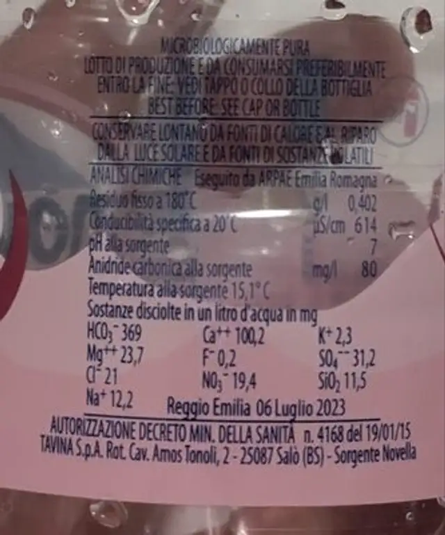 Acqua minerale naturale nutrition facts table