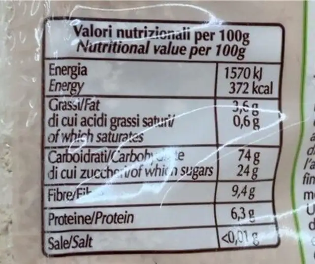 Farina di castagne nutrition facts table