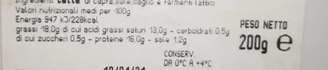 Crescenza di capra nutrition facts table