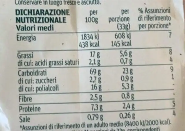 Frollini con riso e yogurt nutrition facts table