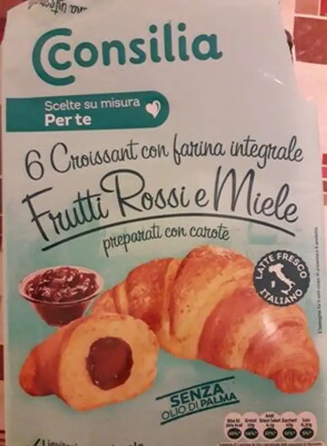 Croissant con farina integrale frutti rossi e miele front packaging