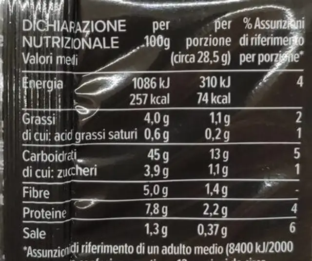 Tramezzino integrale nutrition facts table
