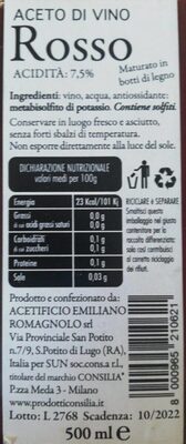 Aceto di vino Rosso nutrition facts table