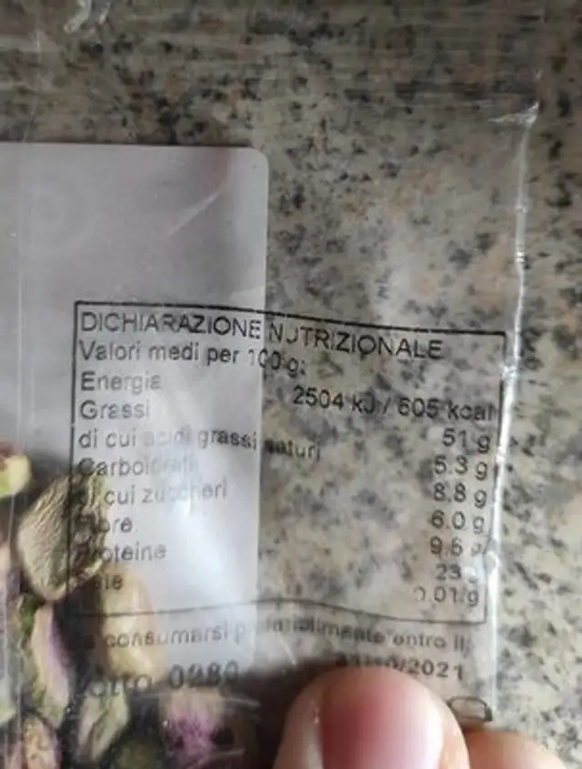 Pistacchi sgusciati nutrition facts table