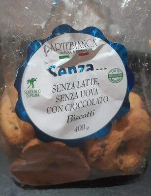 Biscotti senza latte, uova con cioccolato front packaging